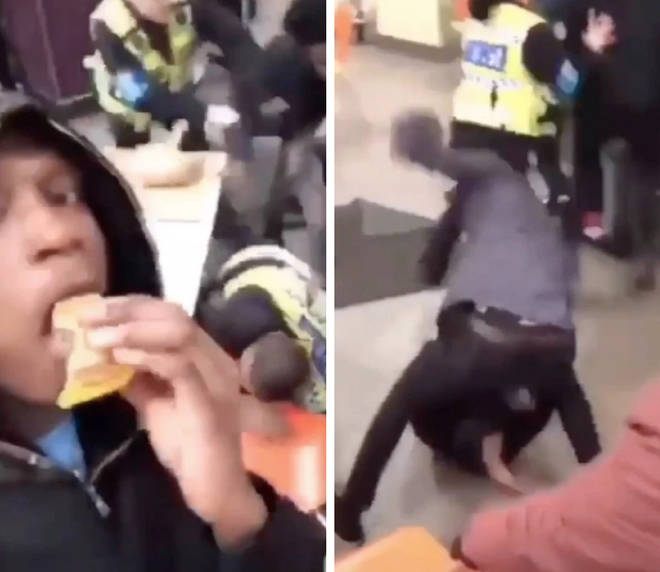 The mass brawl inside McDonald's was filmed by a man eating a Big Mac