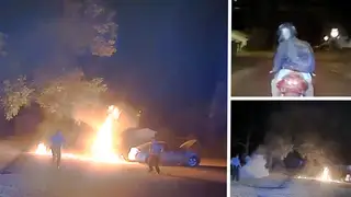 The suspect can be seen bursting into flames as the taser is deployed