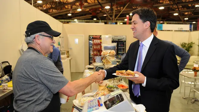 Former Labour leader Ed Miliband buys a bacon sandwich before the 2014 European elections