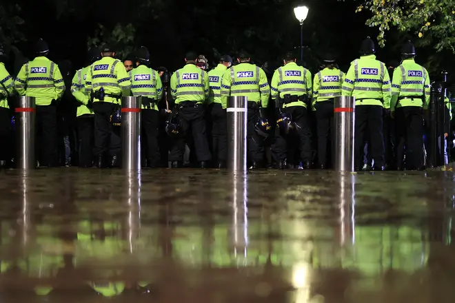 A wall of police officers at a football match in Liverpool