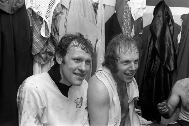 Radford (left) and Ricky George in the dressing room after their goals gave Hereford a shock 2-1 win in 1972