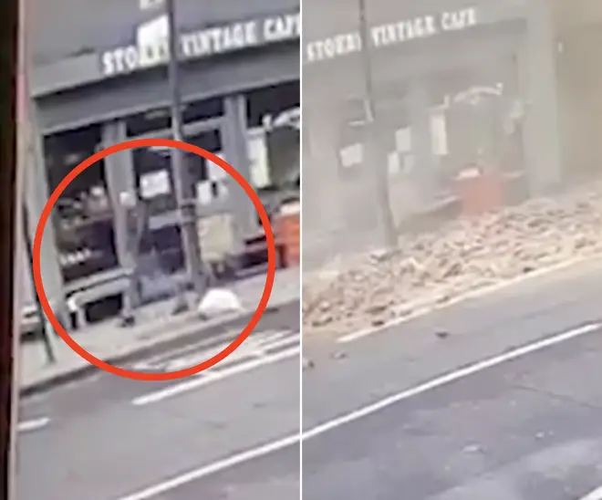 The man narrowly escapes being crushed under a falling roof