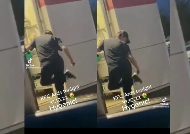 A video appears to show a KFC worker scraping the bottom of their shoe with a cooking utensil