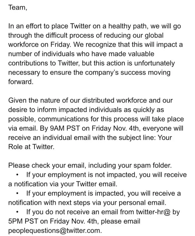 An email sent to Twitter staff warning of layoffs