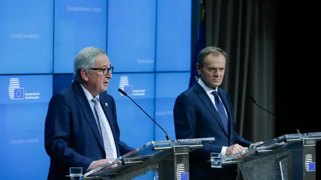 President of the European Commission Jean-Claude Juncker and European Council President Donald Tusk speaking in Brussels at the European Summit