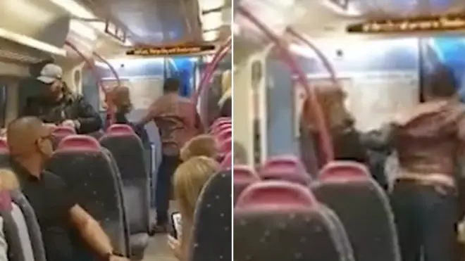 Passengers try to kick open a locked train door after screaming 'he's going to stab him'