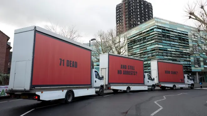 Three billboards appeared outside Grenfell Tower on Thursday