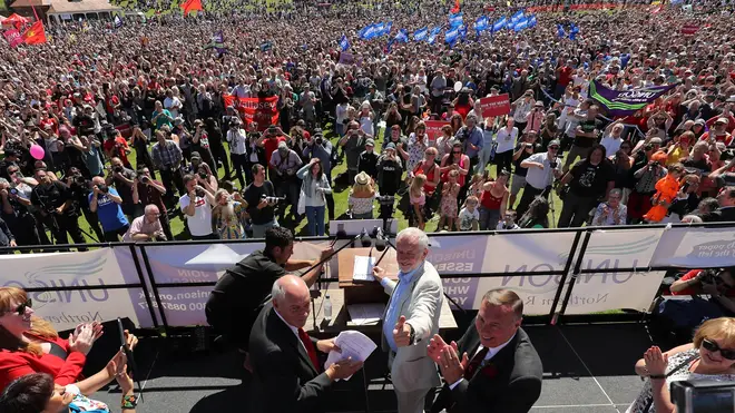 Labour leader Jeremy Corbyn addresses the crowd during the Durham Miners' Gala at Durham Old Racecourse Photo: PA