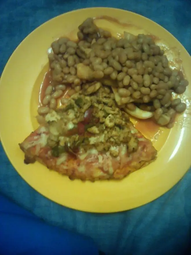 Pizza with chips and beans