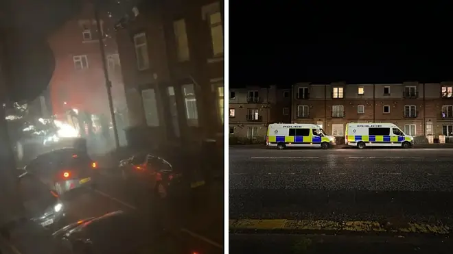 Fireworks being fired at police in Leeds, (L) and (R) police vans in Edinburgh