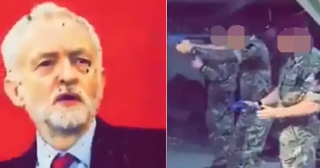 Soldiers shooting at a picture of Jeremy Corbyn