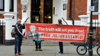 Supporters of Julian Assange protest outside the Ecuadorian embassy amid rumors the WikiLeaks founder is to be expelled