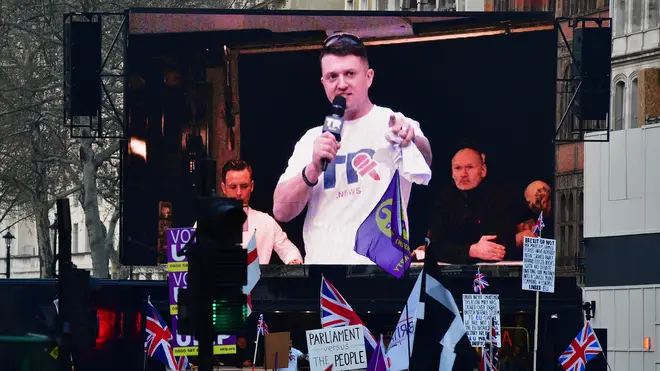 Tommy Robinson, real name Stephen Yaxley-Lennon, spoke to pro-Brexit supporters outside the Houses of Parliament in London.