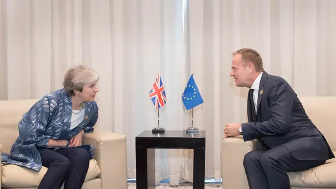 Theresa May with Donald Tusk at the first Arab-European Summit in February