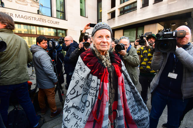 Vivienne Westwood speaks to the media outside Westminster Magistrates' Court in London.