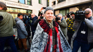 Vivienne Westwood speaks to the media outside Westminster Magistrates' Court in London.