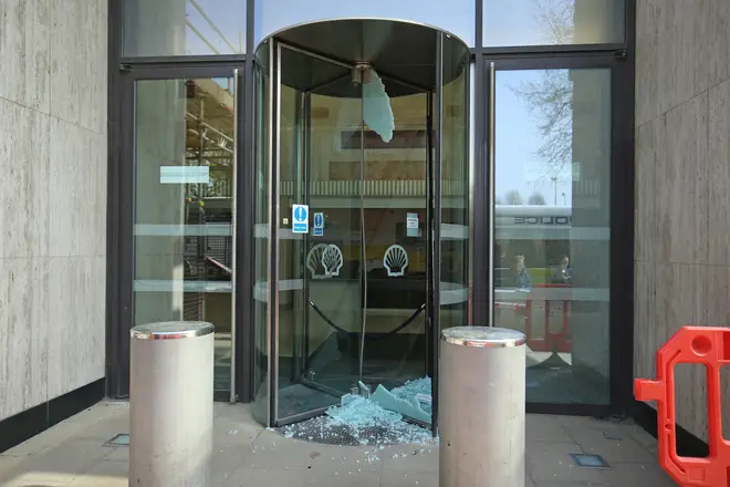 Shattered doors at the Shell HQ