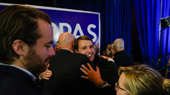 Democrat Representative Chris Pappas greets supporters after his midterm victory during an election night watch party at the Puritan Conference Center