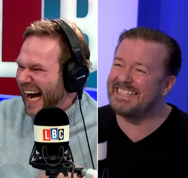 James O'Brien laughing with Ricky Gervais