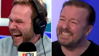 James O'Brien laughing with Ricky Gervais