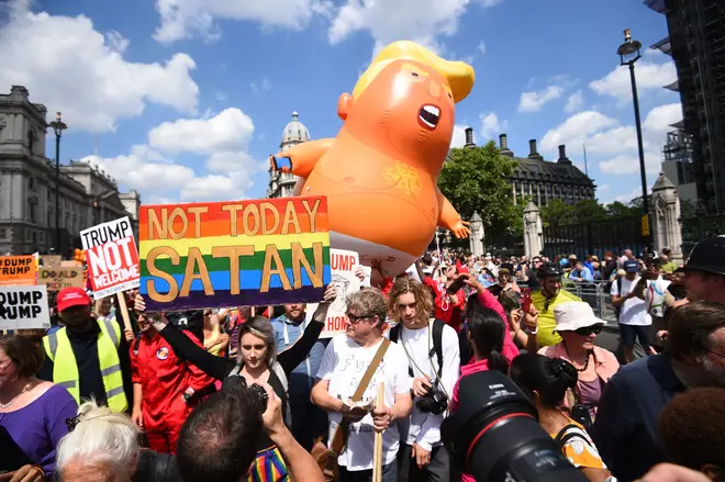 Protesters rallied around the Trump balloon during the president's 2018 visit.