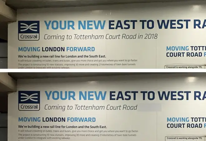 Crossrail signage at London's Tottenham Court Road Tube station with references to Crossrail opening in December 2018 covered up.