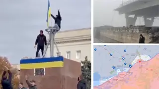 Ukrainian flags have been raised in the centre of Kherson after the Russians fled. Bottom right, a map of the Kherson region shows Russians pushed back across the river