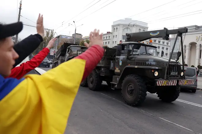 Ukrainian military vehicles roll into liberated Kherson on Sunday