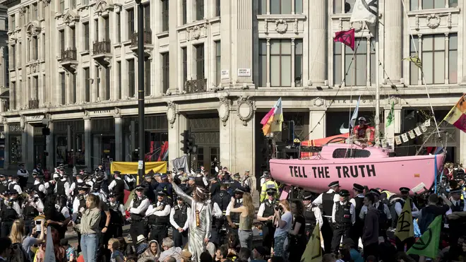 Extinction Rebellion protesters used a pink boat to block Oxford Circus