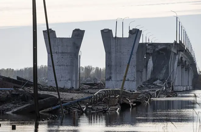 The Antonovski Bridge, destroyed by retreating Russian forces near Kherson