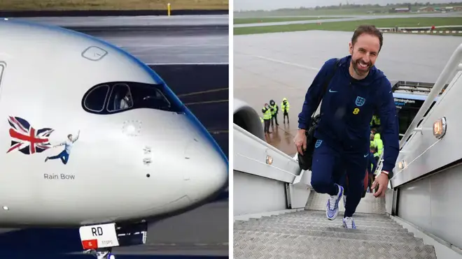 England manager Gareth Southgate boards the squad's plane on Tuesday