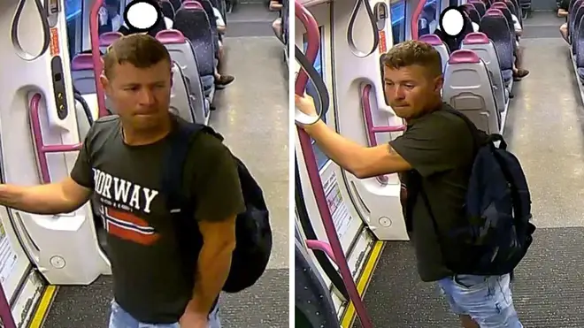 CCTV images of a man who exposed himself to victim on a London train.