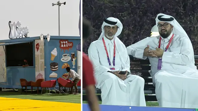 Booze ban: Sheikh Hamad bin Khalifa bin Ahmed Al Thani, head of the QFA, (L) and Qatar national team manager Talal Al-Kaabi (R) attend Qatar's training session this week