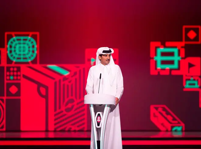 Qatari Emir Sheikh Tamim bin Hamad Al Thani and FIFA President Gianni Infantino attend World Cup draw on April 1st 2022