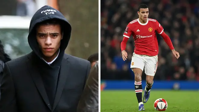 Manchester United footballer Mason Greenwood arriving at court today (l) and playing for the club (r)