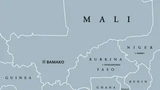 Mali political map with capital Bamako, international borders and neighbors. Republic and landlocked country in West Africa. Gray illustration.