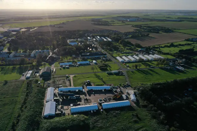 An aerial view shows the Manston short-term holding centre for migrants, near Ramsgate in south east England