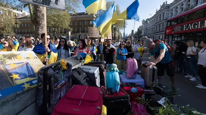 Suitcases representing the plight of Ukrainian refugees fleeing war