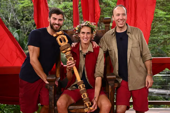 Jill Scott after winning I'm A Celebrity with runner-up Owen Warner and Matt Hancock