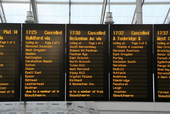 Cancelled train announcement board