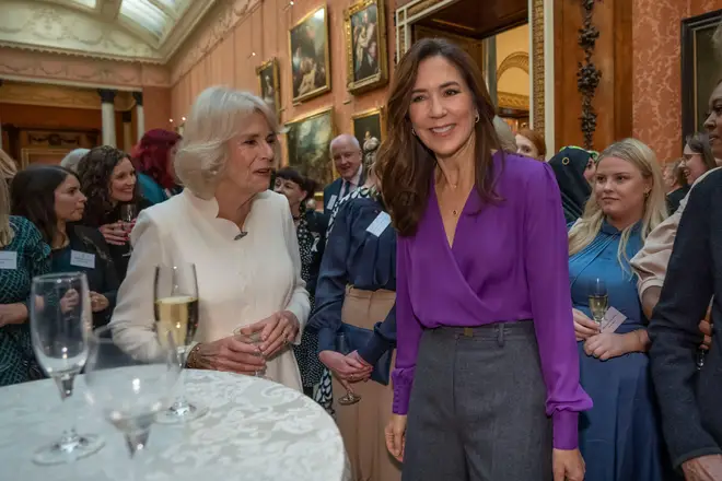The Queen Consort with Danish Crown Princess Mary during the reception at Buckingham Palace