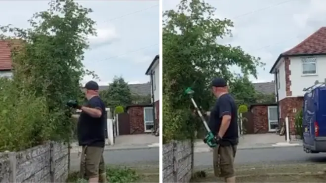 The man trimming his neighbour's bush