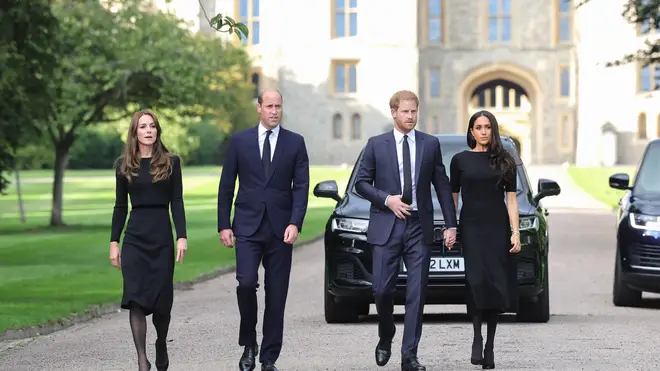 The two couples meet crowds gathered at Windsor after the Queen's death in September