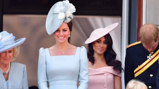 Kate and Meghan are flanked by the Queen Consort and Prince Harry in 2018