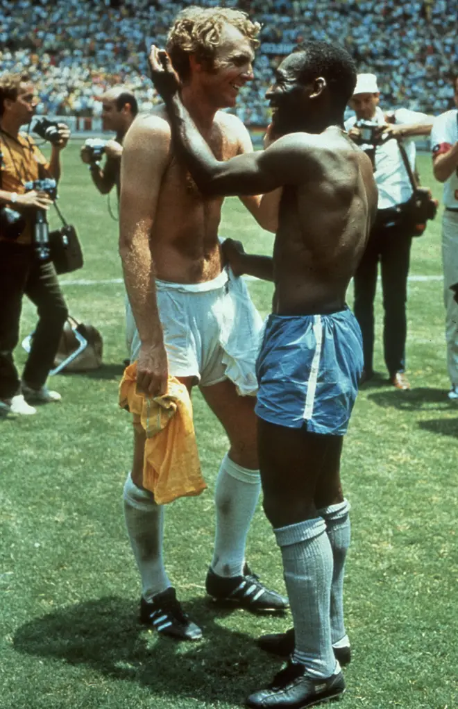 Pelé and Bobby Moore swap shirts after the World Cup Group C game at the 1970 World Cup