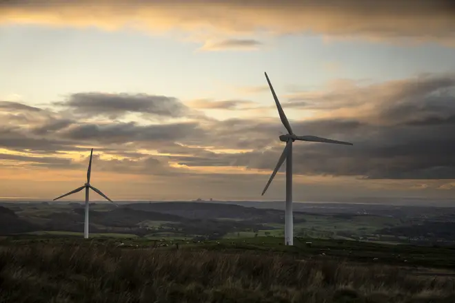An aerial view of wind turbines on Caton Moor, near Lancaster