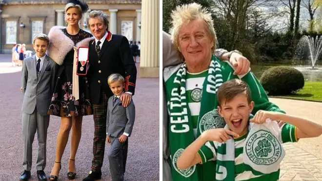 Rod Stewart receiving his knighthood with wife Penny Lancaster and children Alistair and Aiden (l) and (r) with Aiden