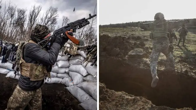 Ukrainian soldiers fighting in trenches in the war against Russia