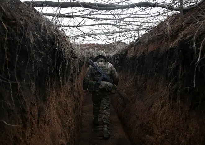 A Ukrainian soldier in the trenches in the Donetsk region