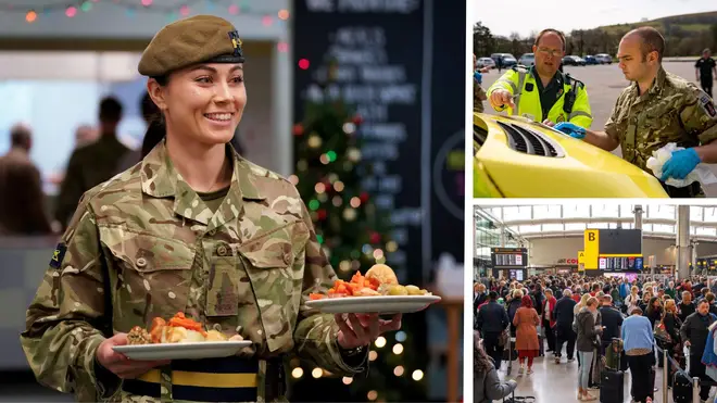 A soldier hands out Christmas meals to homeless people in Canterbury